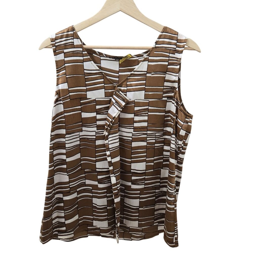 St. John Silk Tank Women Medium Brown White Ruffle Geometric Office Shell Classy